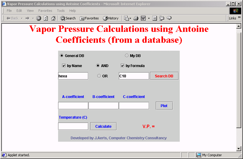 Input Screen for searching the database with Antoine-coefficients
